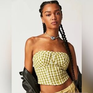 NWT FREE PEOPLE LEILANI GINGHAM TUBE TOP, GREEN, LARGE